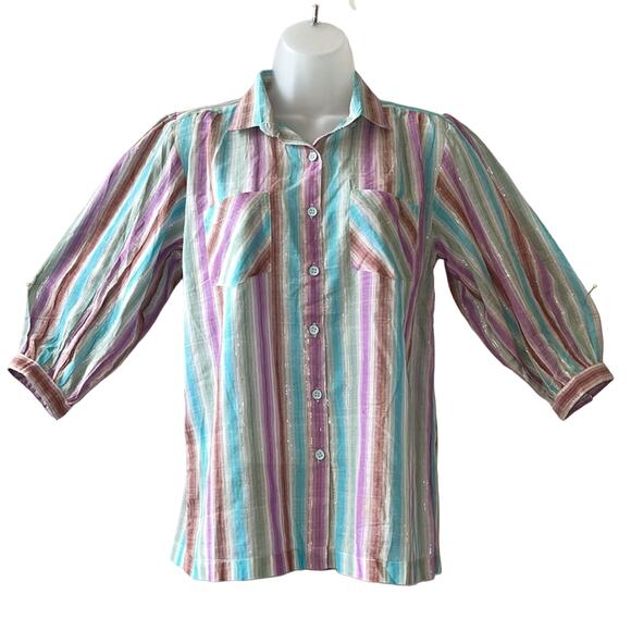 VINTAGE 1980’s Dead Stock Club Privé Striped Blouse Size Small - Picture 1 of 6